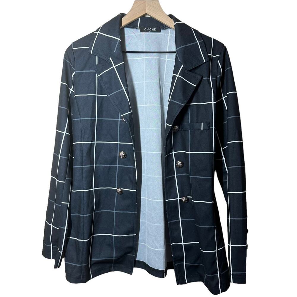 ChicMe‎ Navy Blue Plaid Lightweight Blazer Size Medium Academia